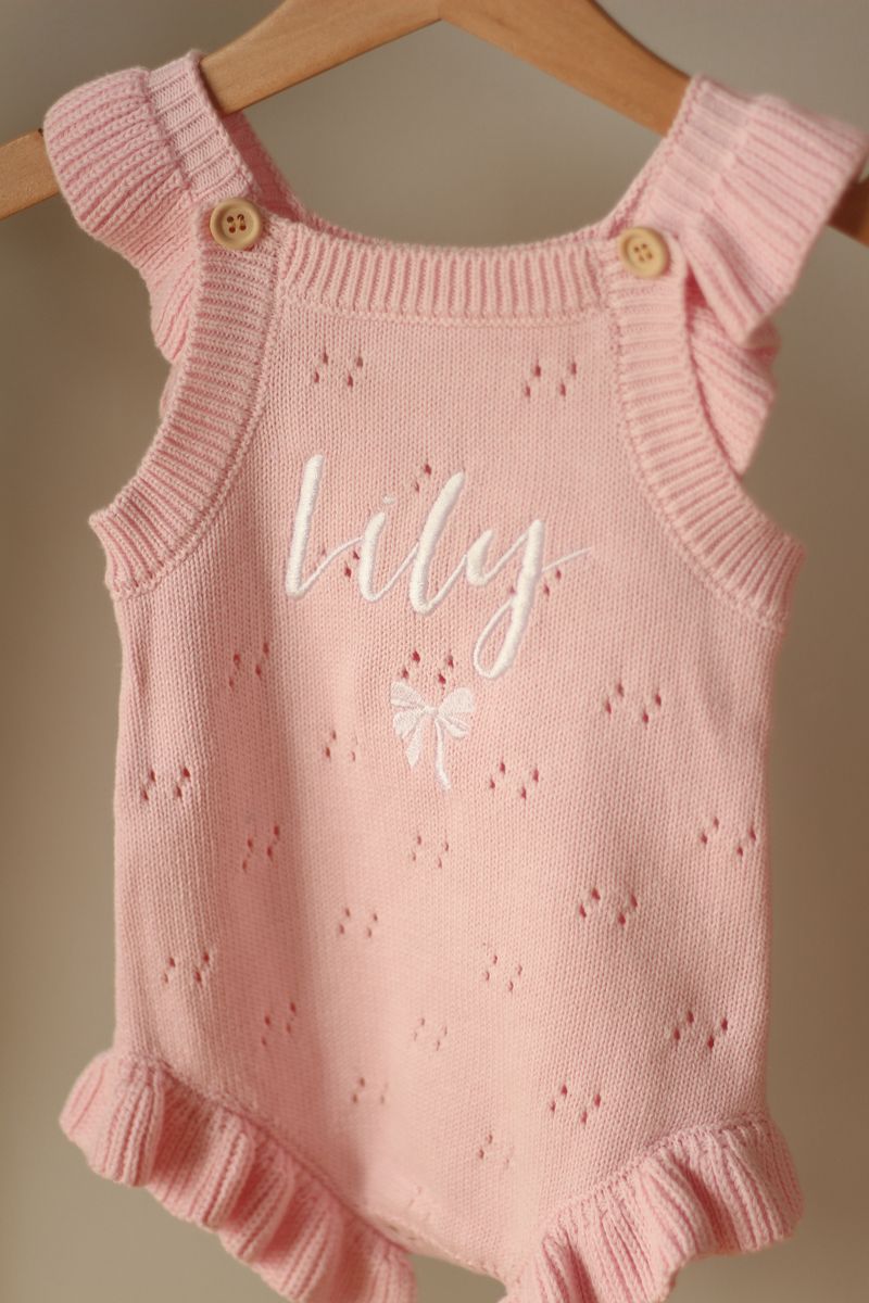 Pointelle frill romper - soft rose